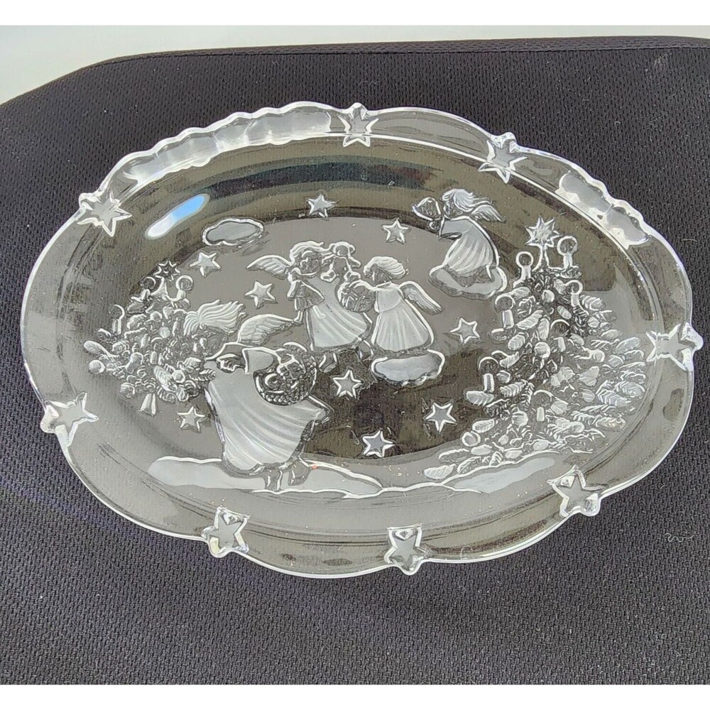 Mikasa Christmas Glass Tray Serving Vanity Discontinued Angels Trees Gifts Vtg